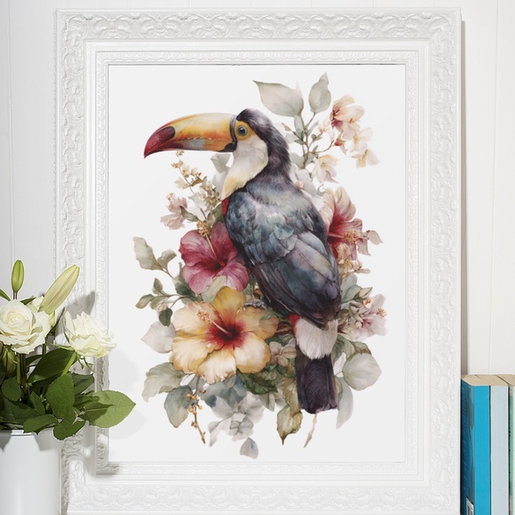 Watercolor Toucan with Flowers Wall Art Print, Unframed - Vibrant Tropical - Picture 7 of 7